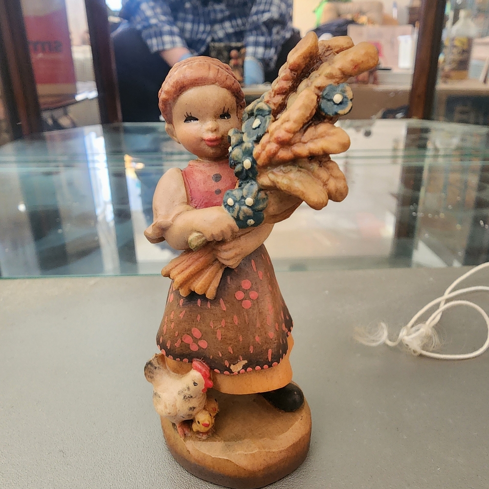 ANRI Figurine Of A Girl With Flowers and Chicken